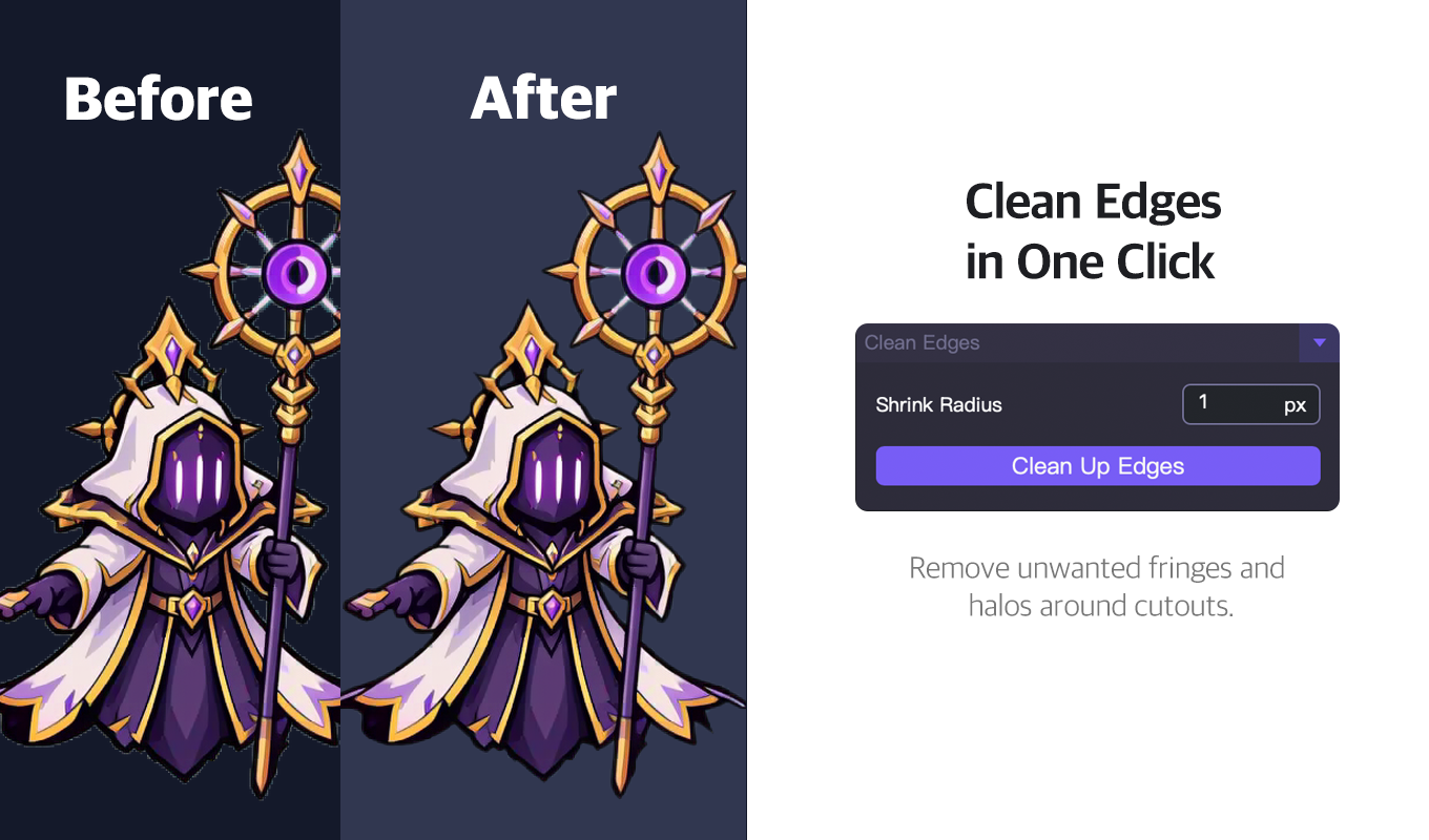 Layerbench Clean Edges before/after on a cutout, with the Shrink Radius set to 1 px removing the dark halo