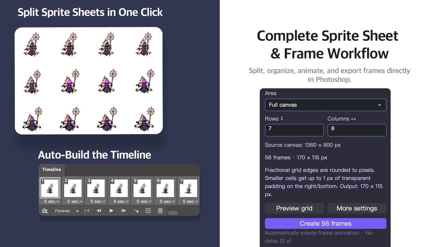 Layerbench (a Photoshop plugin) Sprite Sheet panel splitting an atlas by Rows × Columns into equal frames and auto-building the animation timeline